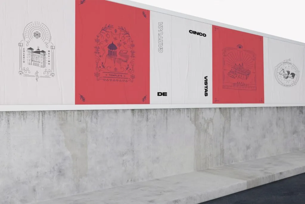 Al Alimón Studio — carteles de Cinco vistas de Cartuja pegados en un muro de Granada